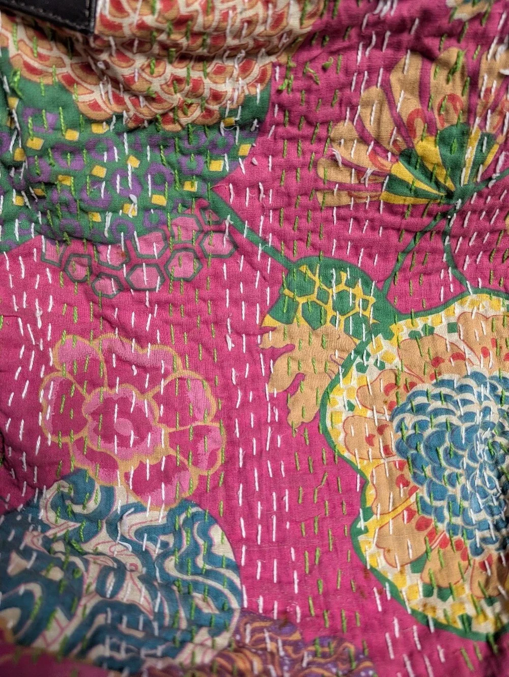 Vintage Quilted Floral Kantha Tote with Multicolor Accents + Leather Straps